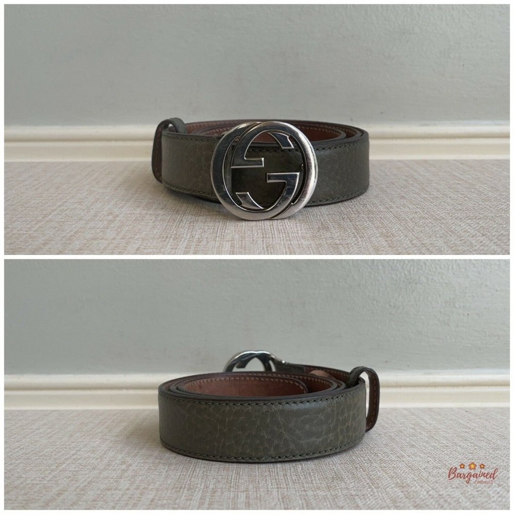 Authentic GUCCI Greenish-Gray Leather Silver Interlocking G Buckle Belt 85/34 - Picture 3 of 13